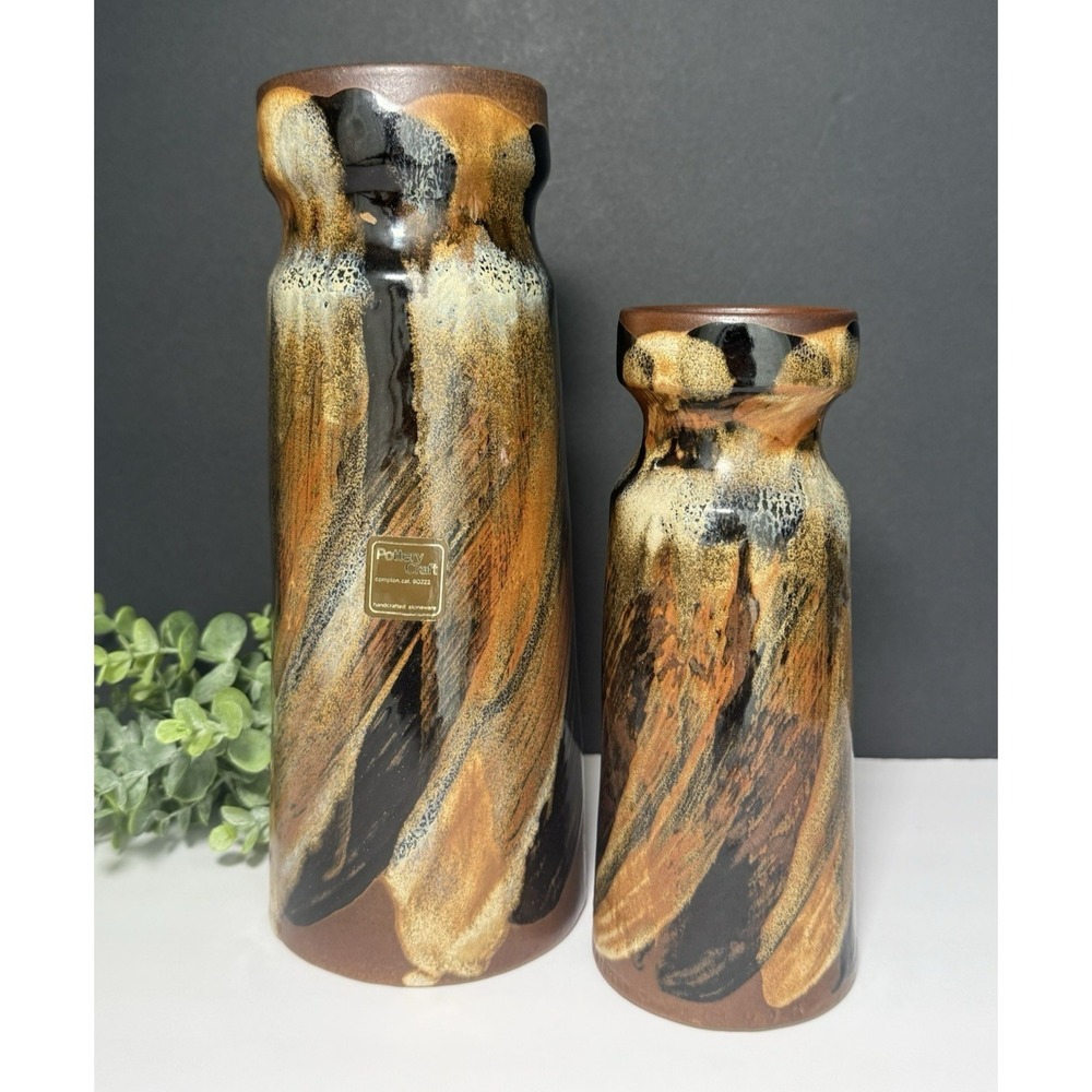 Vintage Pottery Craft USA Earth Tone Drip Glaze Vases Brown/Black MCM-  Set of 2